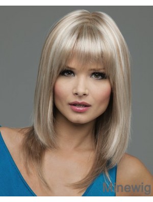 Straight With Bangs Shoulder Length Blonde Natural Lace Front Wigs
