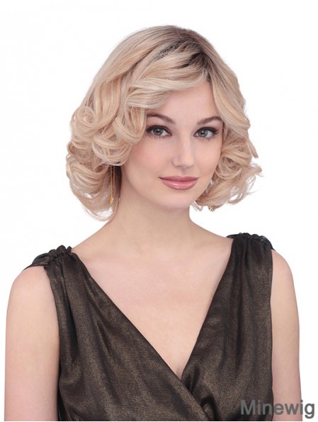 Chin Length Curly With Bangs Fabulous Blonde Lace Front Wigs