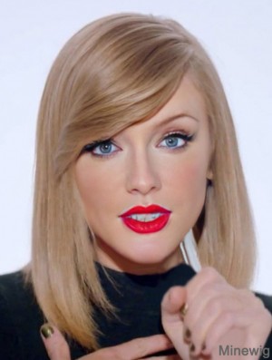 100% Hand-tied With Bangs Straight Shoulder Length Blonde Hairstyles Taylor Swift Wigs