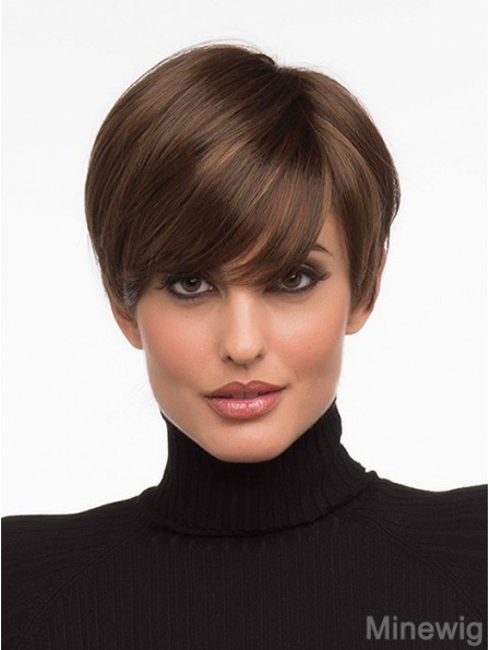 Fashionable Brown Cropped Straight Boycuts Monofilament Wigs