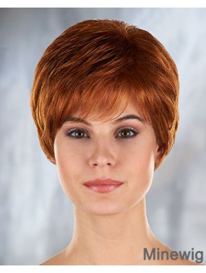 Auburn Curly Synthetic Short With Bangs Mono Filament Wigs