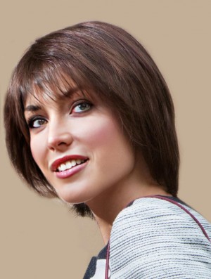 Short Straight With Bangs Brown Online 100% Hand-tied Wigs