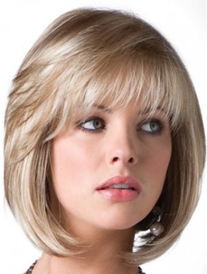 Comfortable Blonde Bob Wig With Fringe Chin Length Straight Style