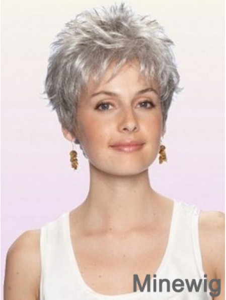 Grey Wig With Capless Cropped Length Boycuts Wavy Style