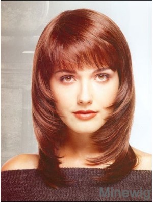 Fashion Straight Red Shoulder Length With Bangs Medium Wigs