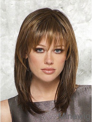 Sassy Straight Brown Shoulder Length With Bangs Medium Wigs