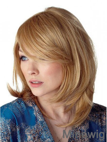 Cheapest Straight Blonde Shoulder Length With Bangs Medium Wigs