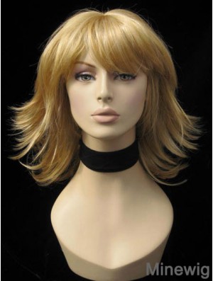 Convenient Straight Blonde Shoulder Length With Bangs Medium Wigs