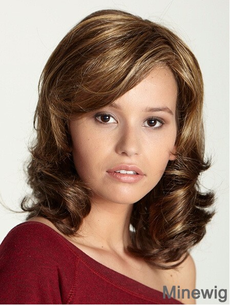 Shoulder Length With Bangs 15 inch Curly Brown Medium Wigs
