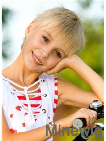 Straight Short Blonde Remy Human Hair 100% Hand-tied Kids Wigs