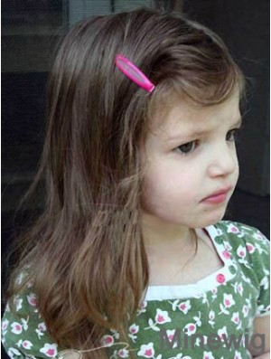 Straight Shoulder Length Brown Remy Human Hair Lace Front Kids Wigs