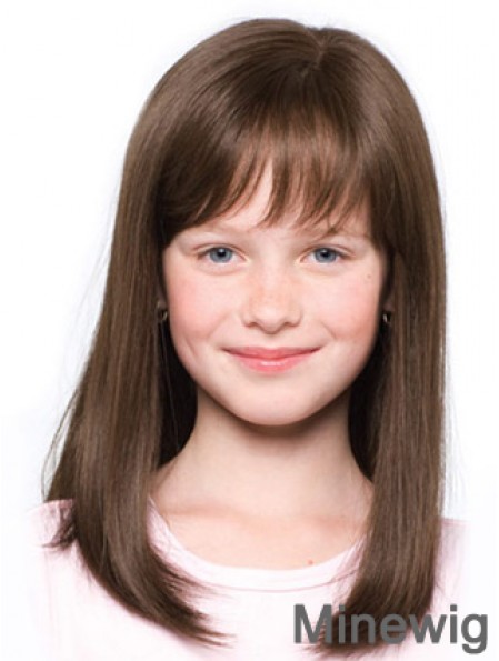 Straight Shoulder Length Brown Synthetic 100% Hand-tied Kids Wigs