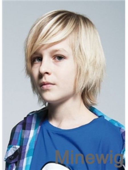 Straight Chin Length Blonde Remy Human Hair Capless Kids Wigs