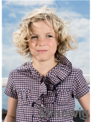 Curly Chin Length Blonde Synthetic 100% Hand-tied Kids Wigs