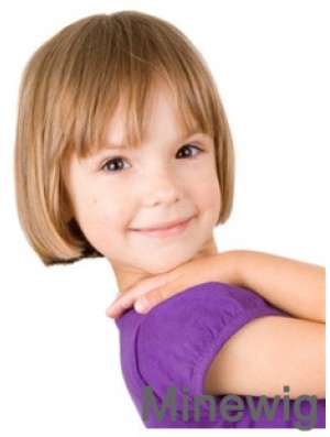 Straight Short Blonde Remy Human Hair 100% Hand-tied Kids Wigs