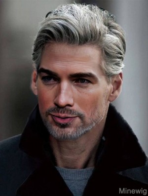 6 inch Straight Short 100% Hand Tied Mens White Wig