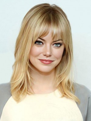 Comfortable Blonde Shoulder Length Straight 16 inch With Bangs Emma Stone Wigs