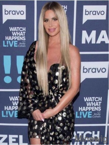 Platinum Blonde Lace Front Long Without Bangs Synthetic 25 inch Straight Kim Zolciak Wigs
