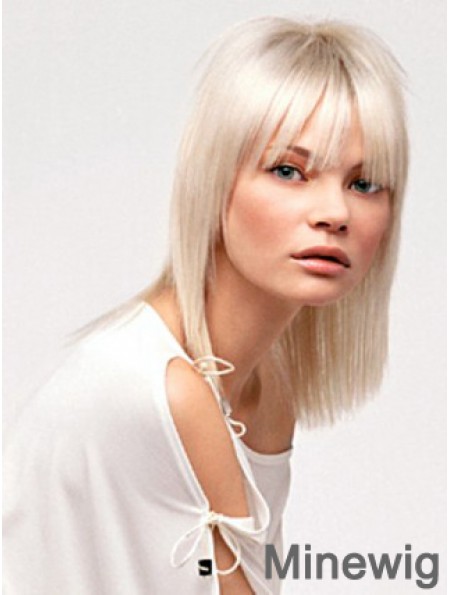 Lace Front With Bangs Shoulder Length Straight 14 inch Platinum Blonde No-Fuss Fashion Wigs