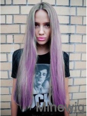 Fashionable Ombre/2 Tone Long Straight Without Bangs 28 inch Human Lace Wigs