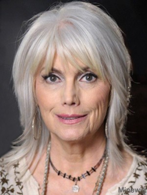 Straight Lace Front 14 inch Modern Shoulder Length Grey Wigs With Bangs For Old Women