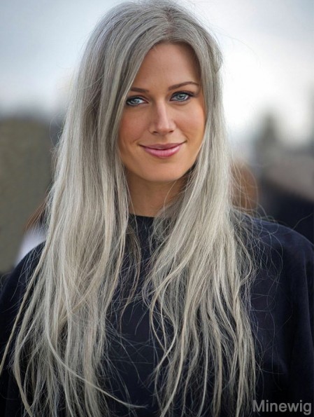 Mono Wig With Synthetic Straight Style Long Length Grey Cut